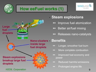 How eeFuel works (1)
• Steam explosions
Improve fuel atomization
Large
fuel
droplets
Steam explosions
breakup large fuel
droplets
Nano-clusters
inside large
fuel droplets
Better air/fuel mixing
Releases nano-catalysts
• Benefits
Longer, smoother fuel burn
More complete combustion
Improved fuel economy and
power
Reduced harmful emissions
Prolonged engine life
H2OIL Corporation 9