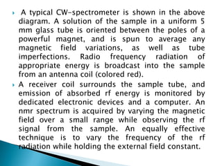  A typical CW-spectrometer is shown in the above
diagram. A solution of the sample in a uniform 5
mm glass tube is oriented between the poles of a
powerful magnet, and is spun to average any
magnetic field variations, as well as tube
imperfections. Radio frequency radiation of
appropriate energy is broadcast into the sample
from an antenna coil (colored red).
 A receiver coil surrounds the sample tube, and
emission of absorbed rf energy is monitored by
dedicated electronic devices and a computer. An
nmr spectrum is acquired by varying the magnetic
field over a small range while observing the rf
signal from the sample. An equally effective
technique is to vary the frequency of the rf
radiation while holding the external field constant.
 