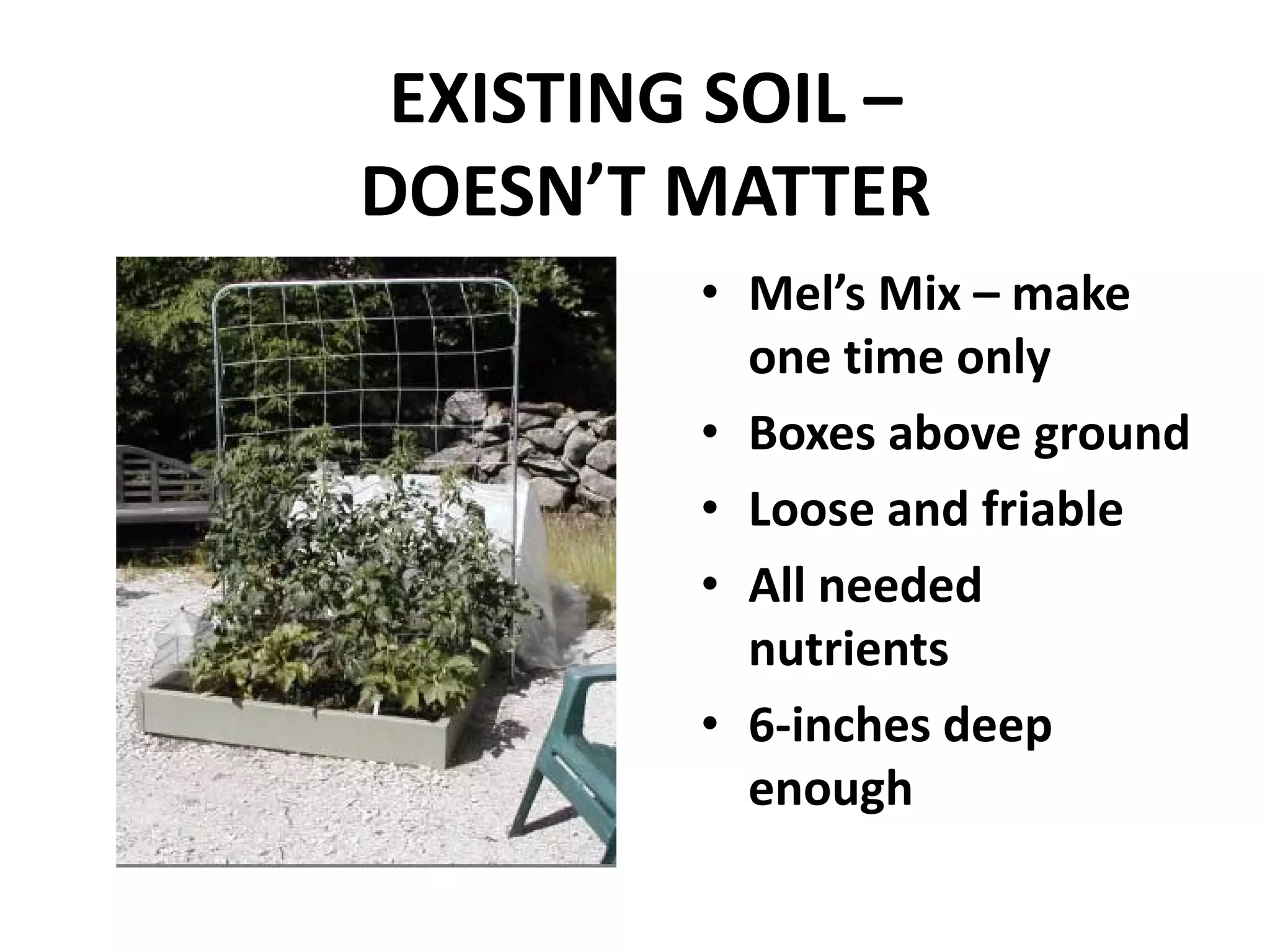 EXISTING SOIL –
DOESN’T MATTER
         • Mel’s Mix – make
           one time only
         • Boxes above ground
         • Loose and friable
         • All needed
           nutrients
         • 6-inches deep
           enough
 