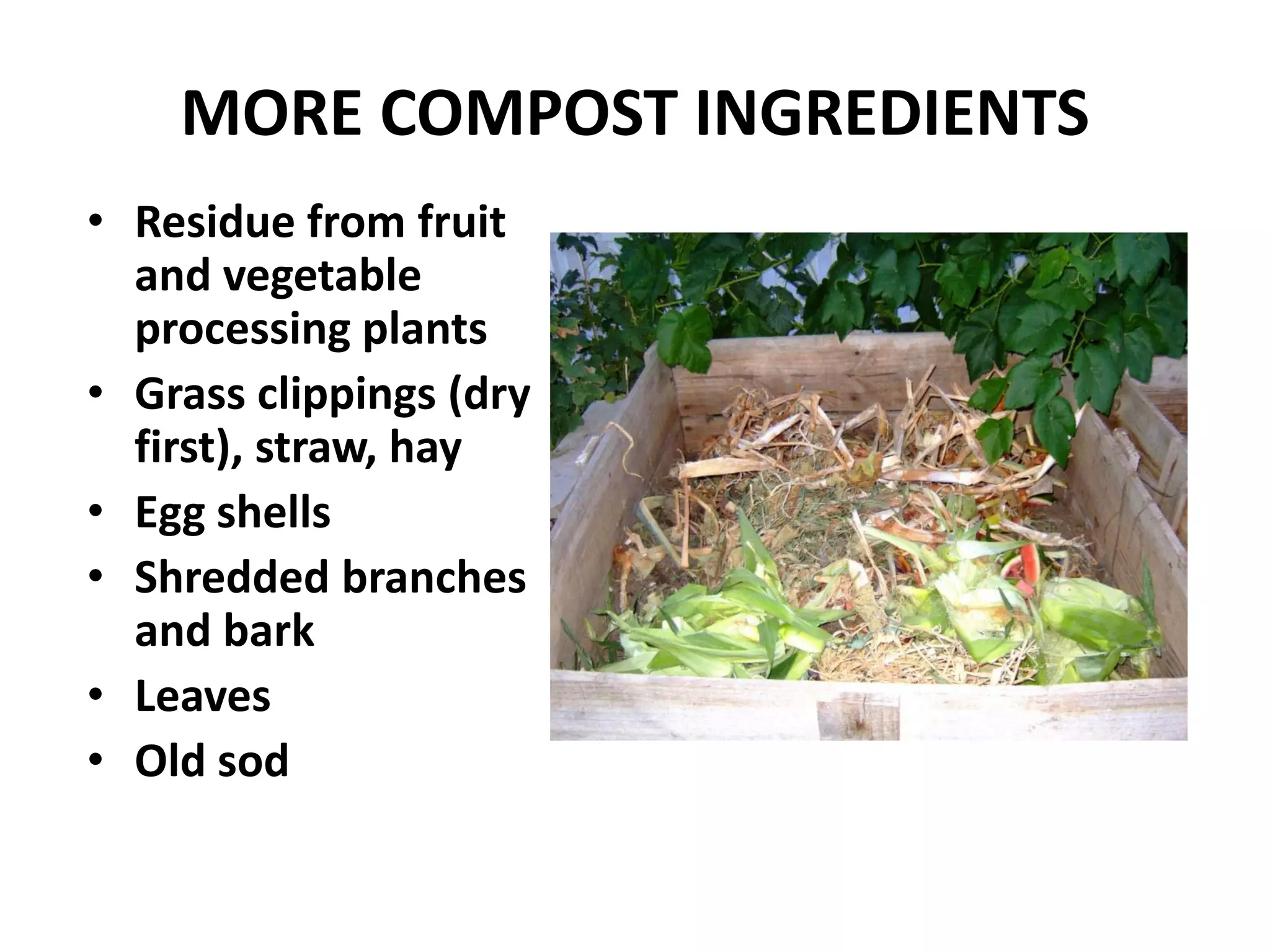 MORE COMPOST INGREDIENTS
• Residue from fruit
  and vegetable
  processing plants
• Grass clippings (dry
  first), straw, hay
• Egg shells
• Shredded branches
  and bark
• Leaves
• Old sod
 