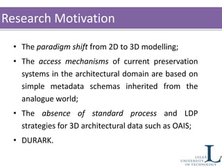 • The paradigm shift from 2D to 3D modelling;
• The access mechanisms of current preservation
systems in the architectural domain are based on
simple metadata schemas inherited from the
analogue world;
• The absence of standard process and LDP
strategies for 3D architectural data such as OAIS;
• DURARK.
Research Motivation
 