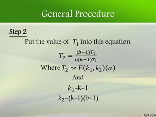 General Procedure
Step 2
Put the value of 𝑇1 into this equation
𝑇2 =
(𝑏−1)𝑇1
𝑏(𝑘−1)𝑇1
Where 𝑇2 ↝ 𝐹 𝑘1, 𝑘2 𝛼
And
𝑘1=k-1
𝑘2=(k-1)(b-1)
 