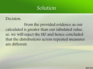 Solution
Decision:
From the provided evidence as our
calculated is greater than our tabulated value.
so, we will reject the H0 and hence concluded
that the distributions across repeated measures
are different.
 