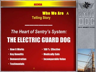 Who We Are A Telling Story —————— The Heart of Sentry’s System: THE ELECTRIC GUARD DOG AGENDA How it Works  Key Benefits Demonstration Testimonials 100 %  Effective Medically Safe Incomparable Value  