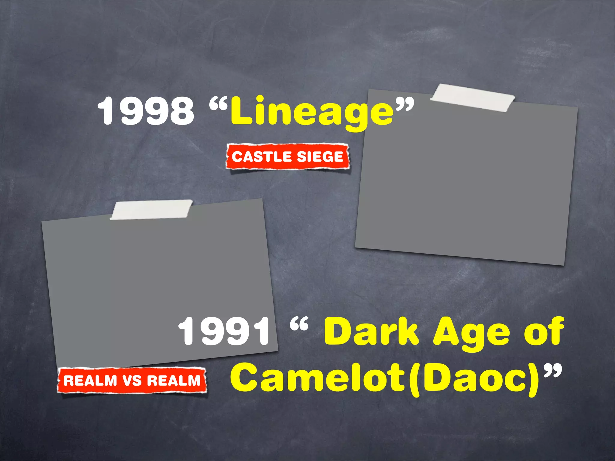 1998 “Lineage”
                 CASTLE SIEGE




           1991 “ Dark Age of
             Camelot(Daoc)”
REALM VS REALM
 