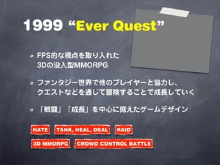 1999 Ever Quest
  FPSĤҕȡ줿
  3DûMMORPG

  ե󥿥`Υץ쥤`ȅf
  Ȥʤɤͨðꓤ뤳ȤǳLƤ

  LLĤ˾ݤ`ǥ

 HATE   TANK, HEAL, DEAL   RAID

 3D MMORPG    CROWD CONTROL BATTLE
 