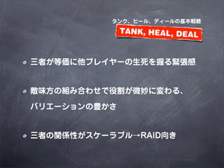 󥯡ҩ`롢ǥ`λ
              TANK, HEAL, DEAL


ߤȁץ쥤`դo


ζνMߺϤ碌۸΢ˉ롢

Хꥨ`N


ߤvSԤ`֥RAID
 