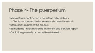 11
Phase 4- The puerperium
◦ Myometrium contraction is persistent after delivery
◦ Directly compresses uterine vessels and causes thrombosis
◦ Uterotonics augment this process
◦ Remodeling involves uterine involution and cervical repair
◦ Ovulation generally occurs within 4-6 weeks
 
