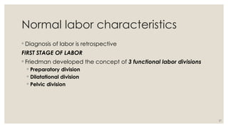 27
Normal labor characteristics
◦ Diagnosis of labor is retrospective
FIRST STAGE OF LABOR
◦ Friedman developed the concept of 3 functional labor divisions
◦ Preparatory division
◦ Dilatational division
◦ Pelvic division
 