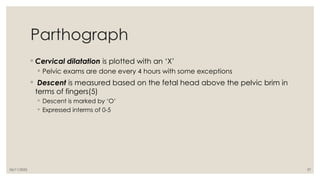 06/11/2025 37
Parthograph
◦ Cervical dilatation is plotted with an ‘X’
◦ Pelvic exams are done every 4 hours with some exceptions
◦ Descent is measured based on the fetal head above the pelvic brim in
terms of fingers(5)
◦ Descent is marked by ‘O’
◦ Expressed interms of 0-5
 