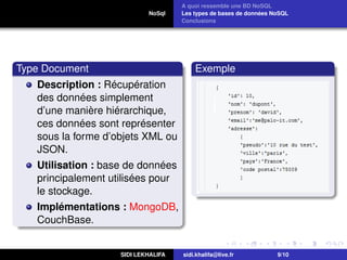 NoSql
A quoi ressemble une BD NoSQL
Les types de bases de données NoSQL
Conclusions
Type Document
Description : Récupération
des données simplement
d’une manière hiérarchique,
ces données sont représenter
sous la forme d’objets XML ou
JSON.
Utilisation : base de données
principalement utilisées pour
le stockage.
Implémentations : MongoDB,
CouchBase.
Exemple
SIDI LEKHALIFA sidi.khalifa@live.fr 9/10
 
