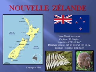 Nom Maori: Aotearoa.
Capitale: Wellington.
Superficie 270 530 Km².
Décalage horaire: 12h en hiver et 11h en été.
Langues : l’anglais et le maori

Kaponga et Kiwi

 