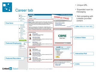 Career tab Culture Video Featured Employees Featured Recruiters Interactive Poll Free form Links Jobs  (also on main tab) Unique URL Expanded room for messaging Not competing with LinkedIn provided content SAMPLE PAGE 