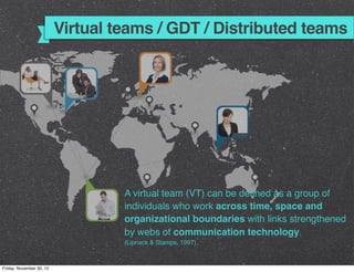 Virtual teams / GDT / Distributed teams




                                   A virtual team (VT) can be deﬁned as a group of
                                   individuals who work across time, space and
                                   organizational boundaries with links strengthened
                                   by webs of communication technology.
                                   (Lipnack & Stamps, 1997).



Friday, November 30, 12
 