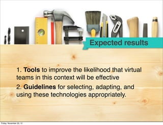 Expected results


                1. Tools to improve the likelihood that virtual
                teams in this context will be effective
                2. Guidelines for selecting, adapting, and
                using these technologies appropriately.



Friday, November 30, 12
 