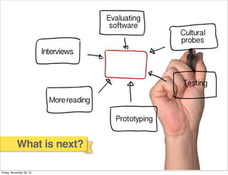 Evaluating
                                           software
                                                           Cultural
                                                           probes
                          Interviews


                                                           Testing

                            More reading

                                             Prototyping


           What is next?

Friday, November 30, 12
 