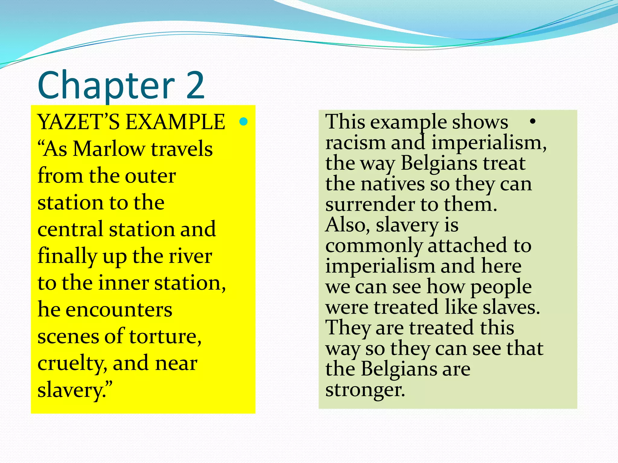 Chapter 2
YAZET’S EXAMPLE
“As Marlow travels
from the outer
station to the
central station and
finally up the river
to the inner station,
he encounters
scenes of torture,
cruelty, and near
slavery.”
•This example shows
racism and imperialism,
the way Belgians treat
the natives so they can
surrender to them.
Also, slavery is
commonly attached to
imperialism and here
we can see how people
were treated like slaves.
They are treated this
way so they can see that
the Belgians are
stronger.
 