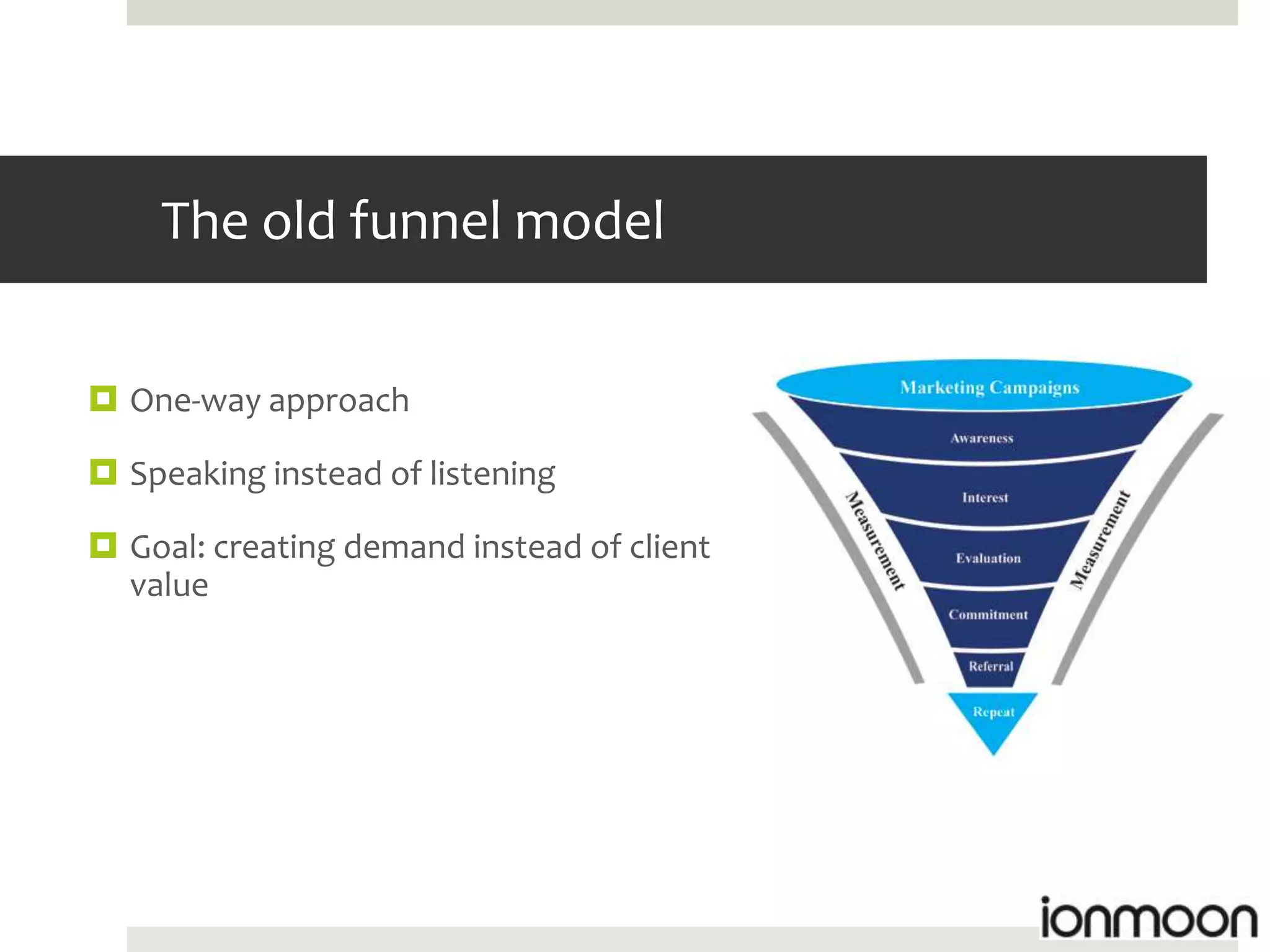 The old funnel model


 One-way approach

 Speaking instead of listening

 Goal: creating demand instead of client
  value
 