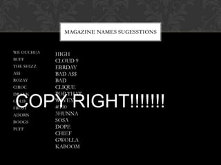 MAGAZINE NAMES SUGESSTIONS


WE OUCHEA   HIGH
BUFF        CLOUD 9
THE SHIZZ   ERRDAY
A$$         BAD A$$
ROZAY       BAD
CIROC       CLIQUE
DRANK       POP THAT

COPY RIGHT!!!!!!!
COLD
FROST
ADORN
            WAVEY
            #100
            3HUNNA
BOOGS       SOSA
PUFF        DOPE
            CHIEF
            GWOLLA
            KABOOM
 
