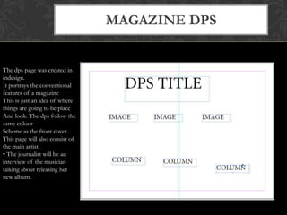 MAGAZINE DPS


The dps page was created in
indesign.
It portrays the conventional
features of a magazine
This is just an idea of where
things are going to be place
And look. The dps follow the
same colour
Scheme as the front cover..
This page will also consist of
the main artist.
• The journalist will be an
interview of the musician
talking about releasing her
new album.
 
