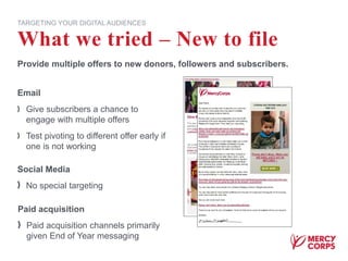 What we tried – New to file
TARGETING YOUR DIGITAL AUDIENCES
Email
Give subscribers a chance to
engage with multiple offers
Test pivoting to different offer early if
one is not working
Provide multiple offers to new donors, followers and subscribers.
Social Media
No special targeting
Paid acquisition
Paid acquisition channels primarily
given End of Year messaging
 