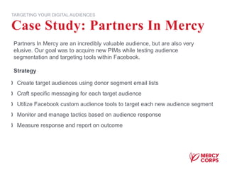 Case Study: Partners In Mercy
Create target audiences using donor segment email lists
Craft specific messaging for each target audience
Utilize Facebook custom audience tools to target each new audience segment
Monitor and manage tactics based on audience response
Measure response and report on outcome
TARGETING YOUR DIGITAL AUDIENCES
Partners In Mercy are an incredibly valuable audience, but are also very
elusive. Our goal was to acquire new PIMs while testing audience
segmentation and targeting tools within Facebook.
Strategy
 