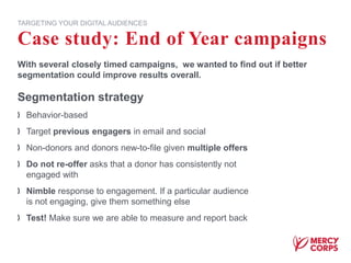Case study: End of Year campaigns
TARGETING YOUR DIGITAL AUDIENCES
Segmentation strategy
Behavior-based
Target previous engagers in email and social
Non-donors and donors new-to-file given multiple offers
Do not re-offer asks that a donor has consistently not
engaged with
Nimble response to engagement. If a particular audience
is not engaging, give them something else
Test! Make sure we are able to measure and report back
With several closely timed campaigns, we wanted to find out if better
segmentation could improve results overall.
 