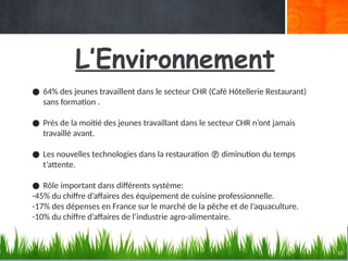 L’Environnement
10
● 64% des jeunes travaillent dans le secteur CHR (Café Hôtellerie Restaurant)
sans formation .
● Près de la moitié des jeunes travaillant dans le secteur CHR n’ont jamais
travaillé avant.
● Les nouvelles technologies dans la restauration  diminution du temps
t’attente.
● Rôle important dans différents système:
-45% du chiffre d’affaires des équipement de cuisine professionnelle.
-17% des dépenses en France sur le marché de la pêche et de l’aquaculture.
-10% du chiffre d’affaires de l’industrie agro-alimentaire.
 
