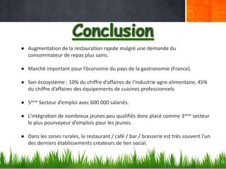 ● Augmentation de la restauration rapide malgré une demande du
consommateur de repas plus sains.
● Marché important pour l’économie du pays de la gastronomie (France).

● Son écosystème : 10% du chiffre d’affaires de l’industrie agro-alimentaire, 45%
du chiffre d’affaires des équipements de cuisines professionnels.
● 5ème Secteur d’emploi avec 600 000 salariés.
● L’intégration de nombreux jeunes peu qualifiés donc placé comme 3ème secteur
le plus pourvoyeur d’emplois pour les jeunes.
● Dans les zones rurales, le restaurant / café / bar / brasserie est très souvent l’un
des derniers établissements créateurs de lien social.

11

 