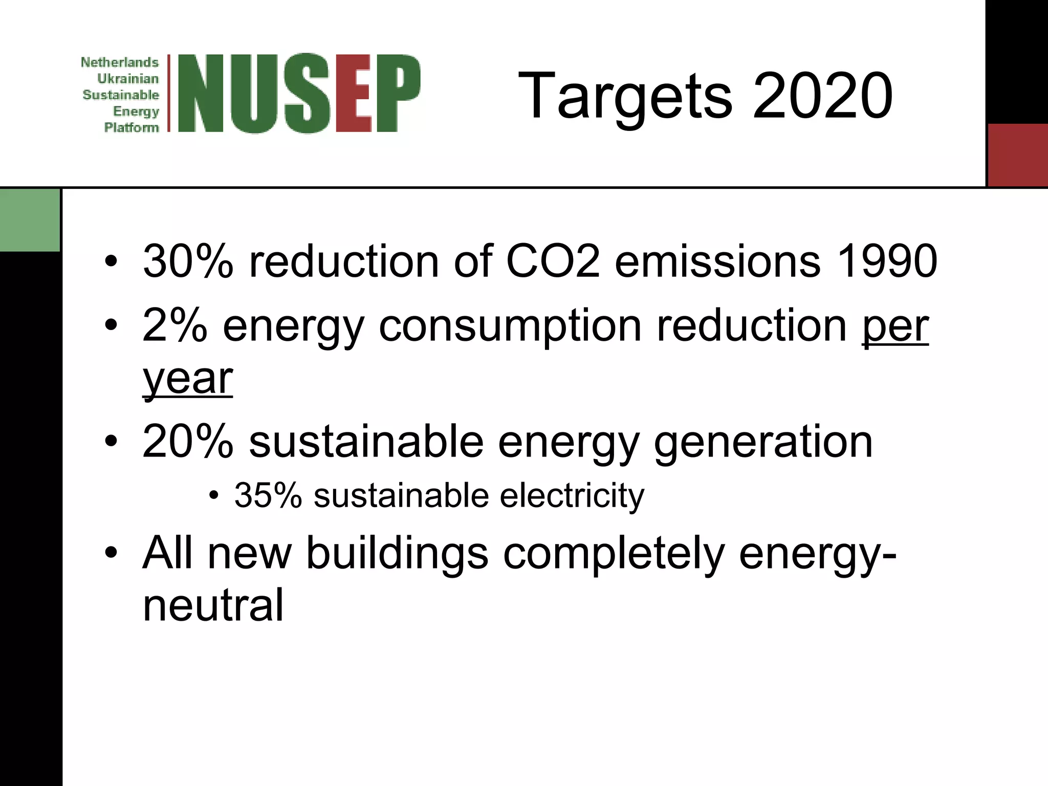 Targets 2020 30% reduction of CO2 emissions 1990 2% energy consumption reduction  per year 20% sustainable energy generation 35% sustainable electricity All new buildings completely energy-neutral 