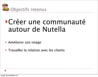 Objectifs retenus 
!Créer une communauté 
autour de Nutella 
! Améliorer son image 
! Travailler la relation avec les clients 
mardi 18 novembre 14 
 