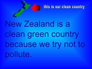 New Zealand is a clean green country because we try not to pollute. this is our clean country 