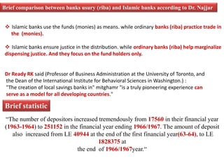 Brief comparison between banks usury (riba) and Islamic banks according to Dr. Najjar 
 Islamic banks use the funds (monies) as means. while ordinary banks (riba) practice trade in 
the (monies). 
 Islamic banks ensure justice in the distribution. while ordinary banks (riba) help marginalize 
dispensing justice. And they focus on the fund holders only. 
Dr Ready RK said (Professor of Business Administration at the University of Toronto, and 
the Dean of the International Institute for Behavioral Sciences in Washington.) : 
"The creation of local savings banks in" mitghamr "is a truly pioneering experience can 
serve as a model for all developing countries." 
Brief statistic 
“The number of depositors increased tremendously from 17560 in their financial year 
(1963-1964) to 251152 in the financial year ending 1966/1967. The amount of deposit 
also increased from LE 40944 at the end of the first financial year(63-64), to LE 
1828375 at 
the end of 1966/1967year.“ 
 