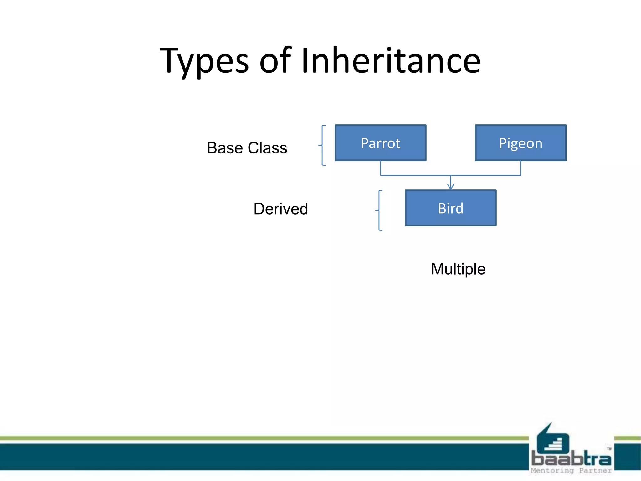 Types of Inheritance
Bird
PigeonParrot
Multiple
Base Class
Derived
 