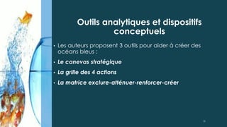 • Les auteurs proposent 3 outils pour aider à créer des
océans bleus :
• Le canevas stratégique
• La grille des 4 actions
• La matrice exclure-atténuer-renforcer-créer
Outils analytiques et dispositifs
conceptuels
15
 