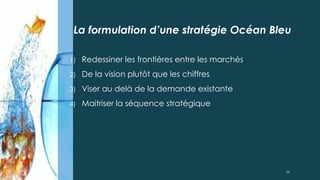 La formulation d’une stratégie Océan Bleu
1) Redessiner les frontières entre les marchés
2) De la vision plutôt que les chiffres
3) Viser au delà de la demande existante
4) Maitriser la séquence stratégique
24
 