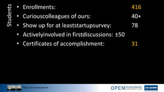 http://ocw.kuleuven.be
Students • Enrollments: 416
• Curiouscolleagues of ours: 40+
• Show up for at leaststartupsurvey: 78
• Activelyinvolved in firstdiscussions: ±50
• Certificates of accomplishment: 31
 