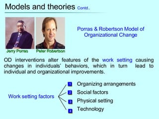 Models and theories  Contd.. Jerry Porras Peter Robertson Porras & Robertson Model of Organizational Change OD interventions alter features of the  work setting  causing changes in individuals’ behaviors, which in turn  lead to individual and organizational improvements. Work setting factors Organizing arrangements Social factors Physical setting Technology 1 2 3 4 