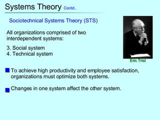 Systems Theory  Contd.. Eric Trist Sociotechnical Systems Theory (STS) All organizations comprised of two interdependent systems: Social system Technical system To achieve high productivity and employee satisfaction, organizations must optimize both systems. Changes in one system affect the other system. 