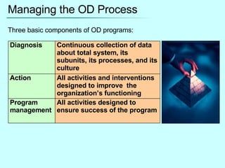 Managing the OD Process Three basic components of OD programs: Diagnosis Continuous collection of data about total system, its subunits, its processes, and its culture Action All activities and interventions designed to improve  the organization’s functioning Program management All activities designed to ensure success of the program 