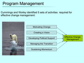 Program Management Cummings and Worley identified 5 sets of activities  required for effective change management: Motivating Change Creating a Vision Developing Political Support Managing the Transition Sustaining Momentum Effective Change  Management 