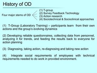 History of OD Four major stems of OD (1) T-group  (2) Survey Feedback Technology (3) Action research (4) Sociotechnical & ...