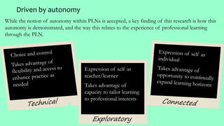 Driven by autonomy
Expression of self as
teacher/learner
Takes advantage of
capacity to tailor learning
to professional interests
Exploratory
While the notion of autonomy within PLNs is accepted, a key finding of this research is how this
autonomy is demonstrated, and the way this relates to the experience of professional learning
through the PLN.
 