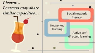 I learnt…
Learners may share
similar capacities… Social network
literacy
Active self
directed learning
Networked
learning
 