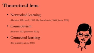 Theoretical lens
• Networked learning
(Harasim, Hiltz et al., 1995; Haythornthwaite, 2000; Jones, 2008)
• Connectivism
(Downes, 2007; Siemens, 2005)
• Connected learning
(Ito, Gutiérrez et al., 2013)
 