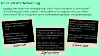 Active self directed learning
Increasing engagement with
others through PLN to explore
personal professional interests
not...