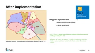 25-3-2025 10
After implementation
Athey S, Imbens G. Design-based Analysis in Difference-In-Differences Settings
with Staggered Adoption. 2018.
Wikimedia commons: Plan des anciens arrondissements de Paris, CC BY-SA 3.0
Bastiaans, M., Dur, R., & Gielen, A. C. (2024). Activating the long-term
inactive: Labor market and mental health effects. Labour Economics,
102593.
Step 6
Measure
performance
Staggered implementation
-less administrative burden
- better evaluation
 