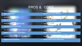 PROS & CONS
• Precision and Accuracy  Cost incurred in the maintenance and repair
• Space exploration  Not able to act any different
• Used for mining process  Lack the human touch
• Can do laborious tasks  Lack a creative mind
• Fraud detection, manage records.  Lack common sense
• Lacking the emotional side  Unemployment
• Can do repetitive and time-consuming tasks  Abilities of humans may diminish
• Robotic pets, Robotic radiosurgery.  Robots superseding humans
• Function without stopping, Risk Reducing.  Humans may became dependent on machines.
• Diagnosis and Treatment  Wrong hands causes destruction
 