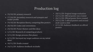 • 18/11/20: Original image evaluation
• 23/11/20: Official poster one created
• 26/11/20: Official poster three created
• 29/11/20: 2 official posters and second
draft used in slide
• 2/11/20: Audience feedback on official
posters
 