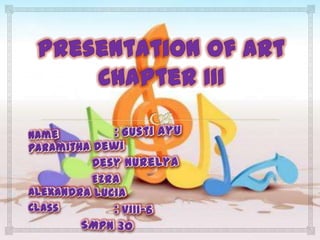 Presentation of Art Chapter III Name		: GustiAyuParamithaDewi DesyNurelya 	  Ezra Alexandra Lucia Class		: VIII-6 SMPN 30 